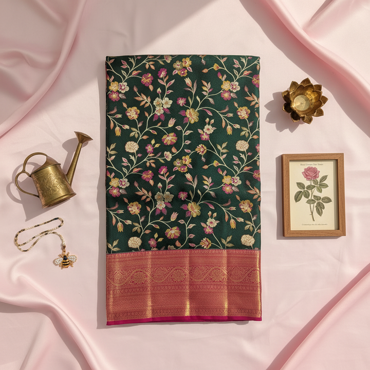 kuberan Dark Green Floral Garden with Rose Pink Kanchipuram Silk Saree