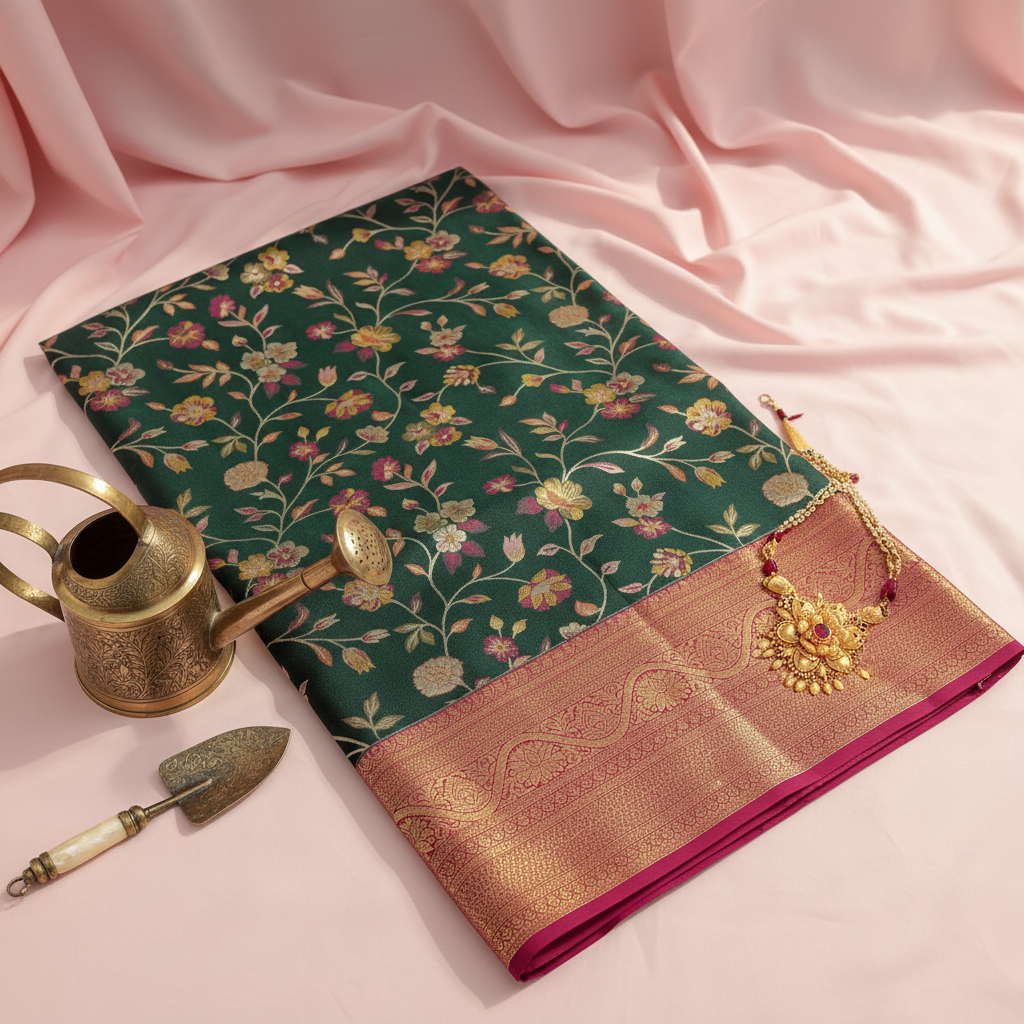 kuberan Dark Green Floral Garden with Rose Pink Kanchipuram Silk Saree