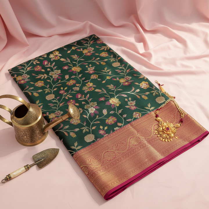 kuberan Dark Green Floral Garden with Rose Pink Kanchipuram Silk Saree