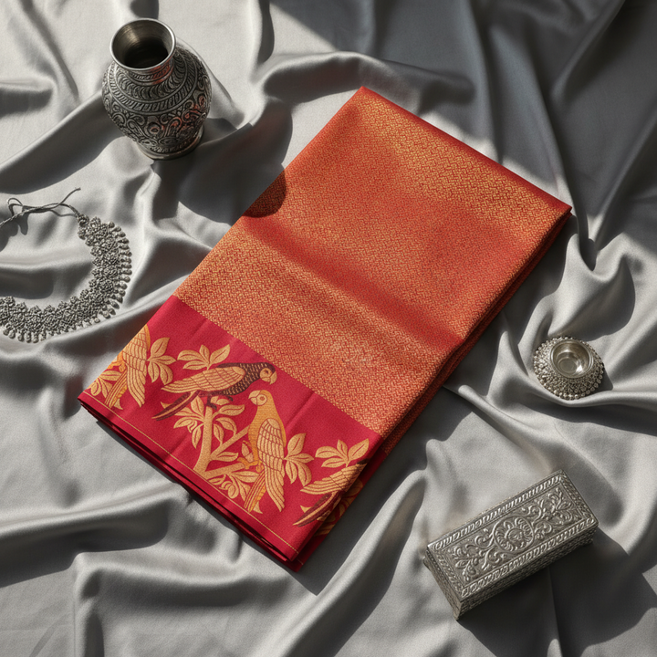 KUBERAN Orange Red Kanchipuram Silk Saree