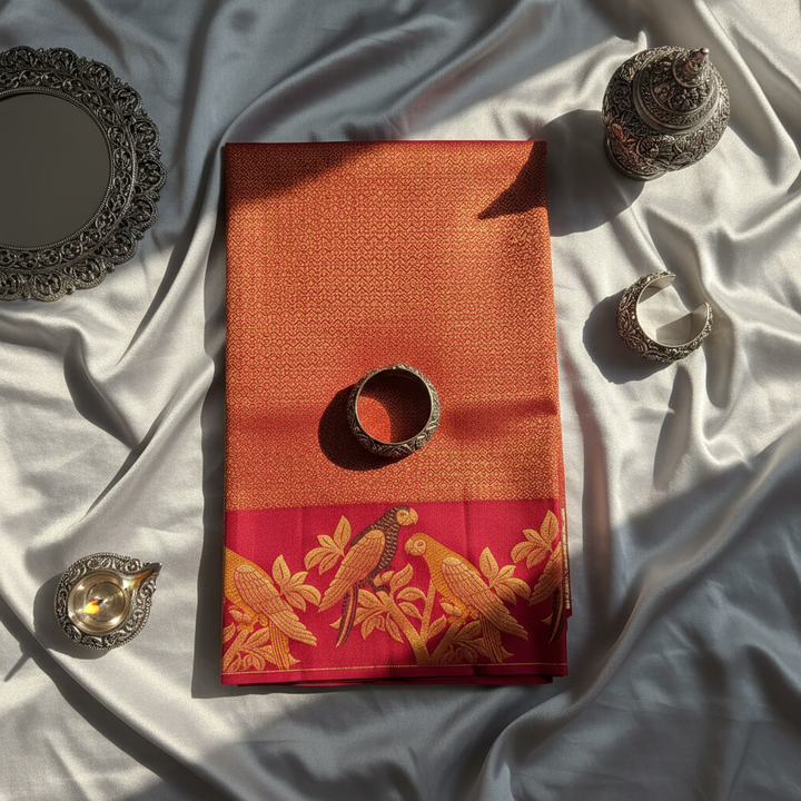 KUBERAN Orange Red Kanchipuram Silk Saree