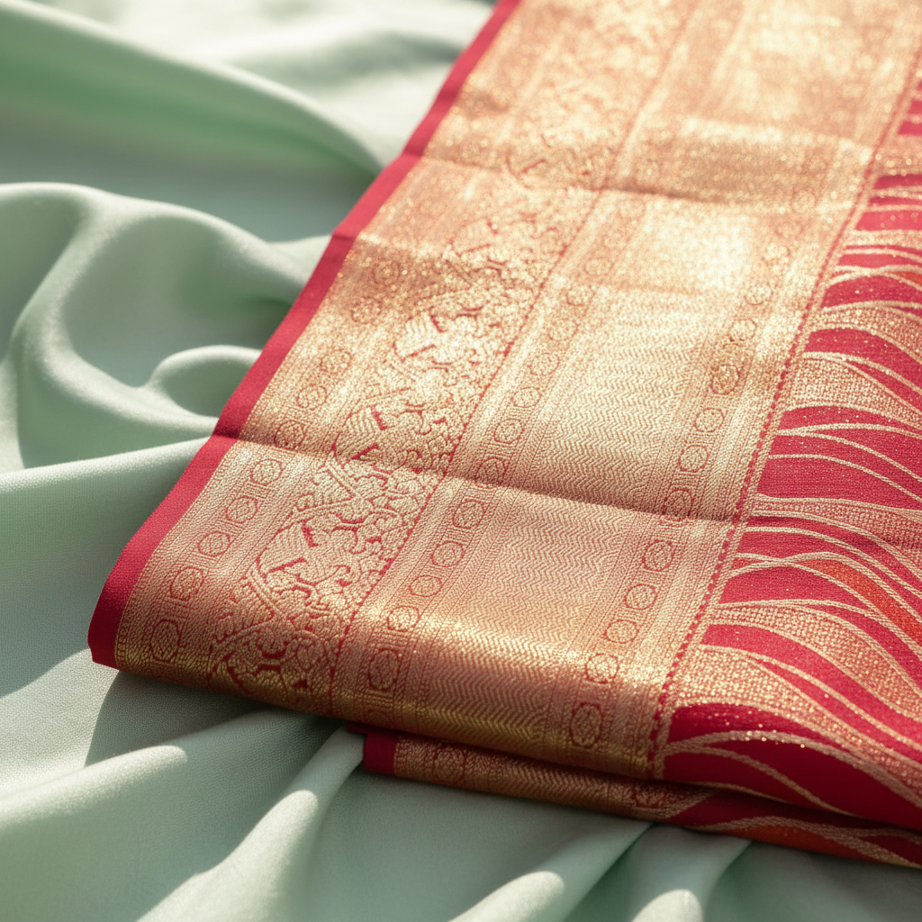 kuberan Red Wavy Flame Pattern Kanchipuram Silk Saree with Golden Border