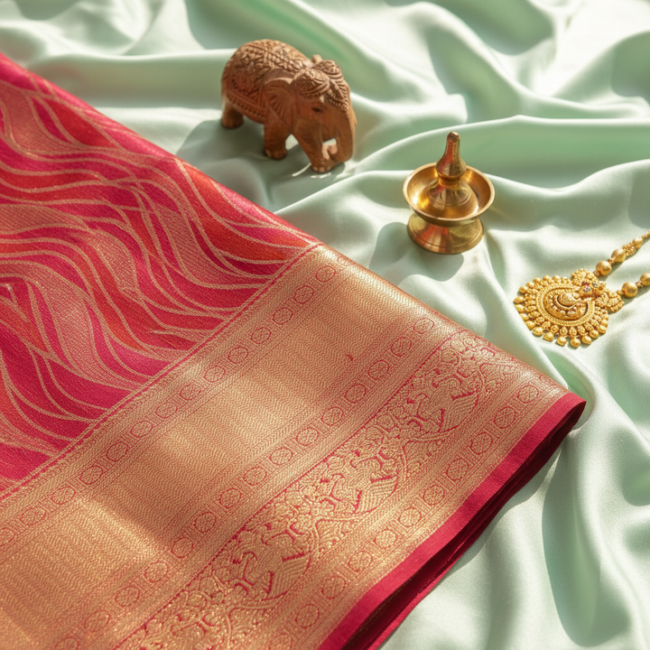 kuberan Red Wavy Flame Pattern Kanchipuram Silk Saree with Golden Border