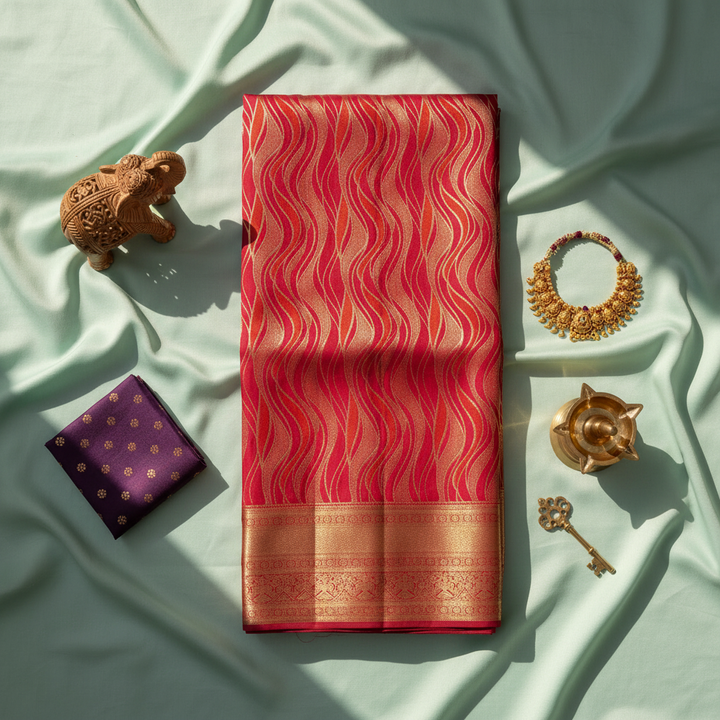 kuberan Red Wavy Flame Pattern Kanchipuram Silk Saree with Golden Border