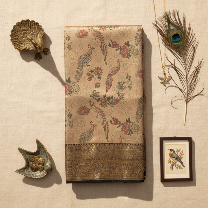 kubearn beige Kanchipuram Silk Saree Cream