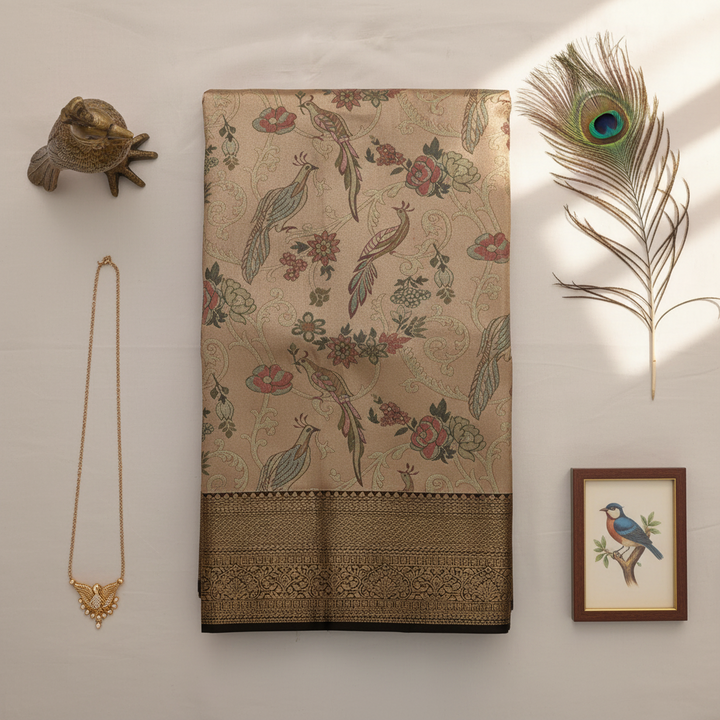 kubearn beige Kanchipuram Silk Saree Cream