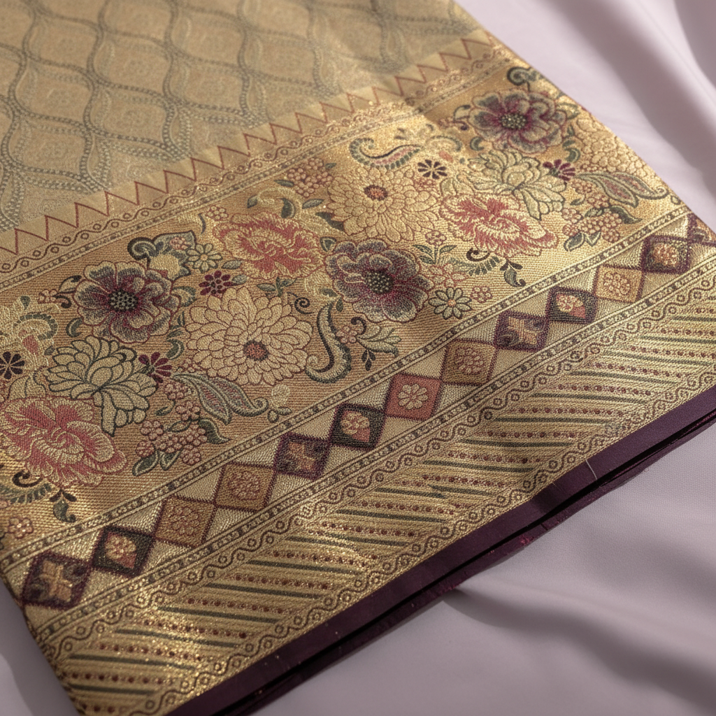 kuberan Beige Diamond Lattice with Elaborate Floral Border Kanchipuram Silk Saree