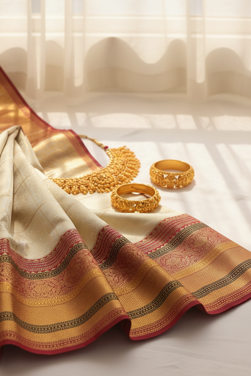 KUBERAN Cream with Red  Border Kanchipuram Silk Saree
