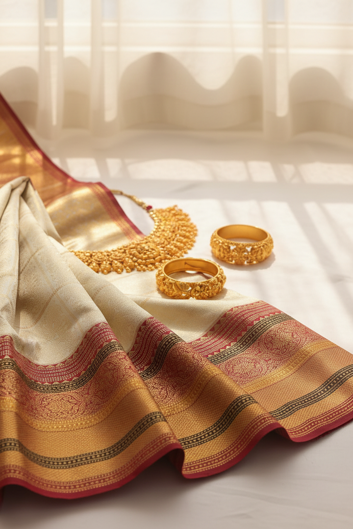 KUBERAN Cream with Red  Border Kanchipuram Silk Saree