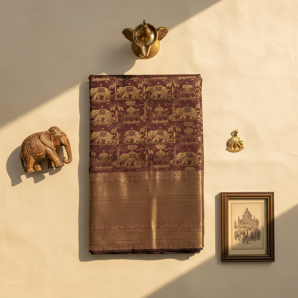 KUBERAN Burgundy with Royal Elephant Motif  Kanchipuram Silk Saree