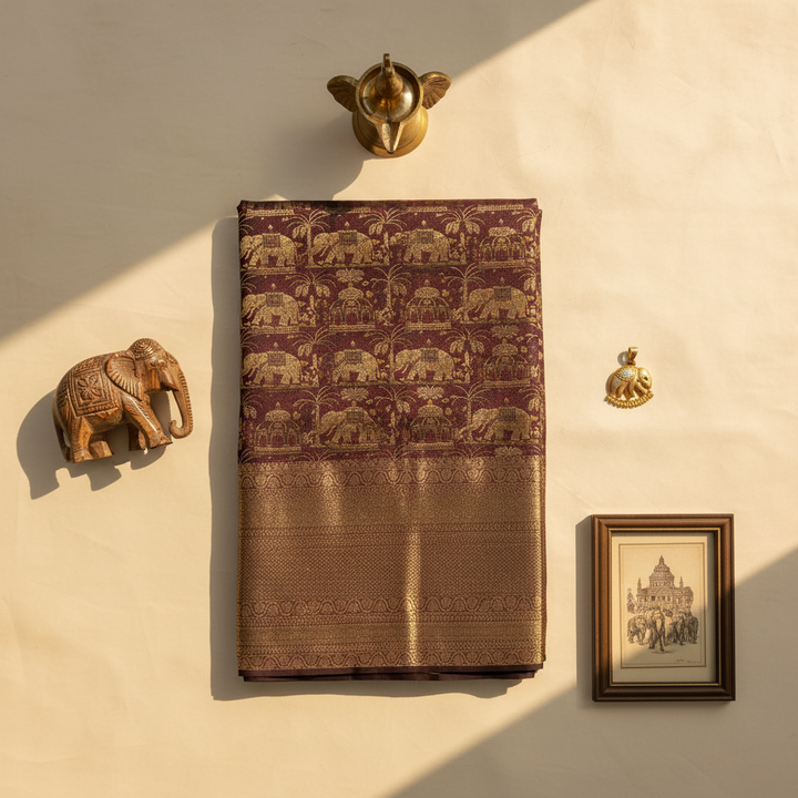 KUBERAN Burgundy with Royal Elephant Motif  Kanchipuram Silk Saree