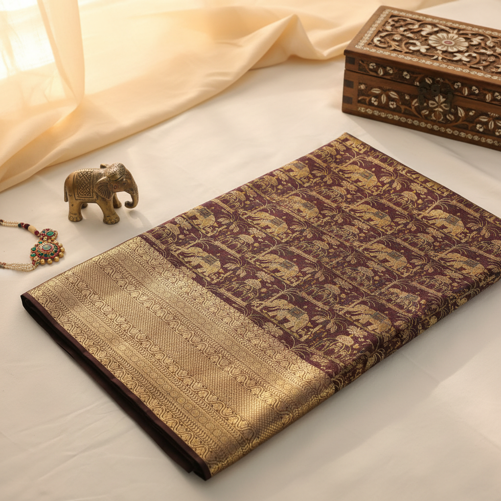KUBERAN Burgundy with Royal Elephant Motif  Kanchipuram Silk Saree