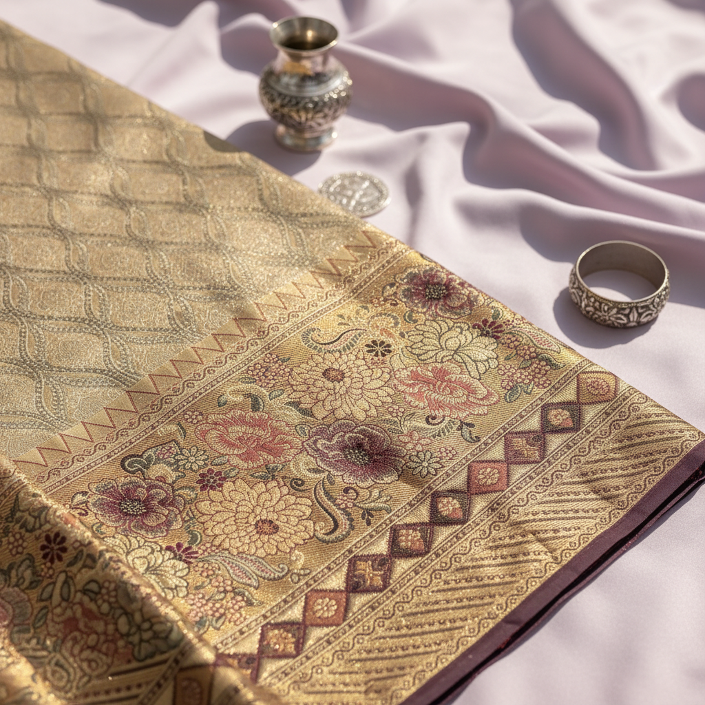 kuberan Beige Diamond Lattice with Elaborate Floral Border Kanchipuram Silk Saree