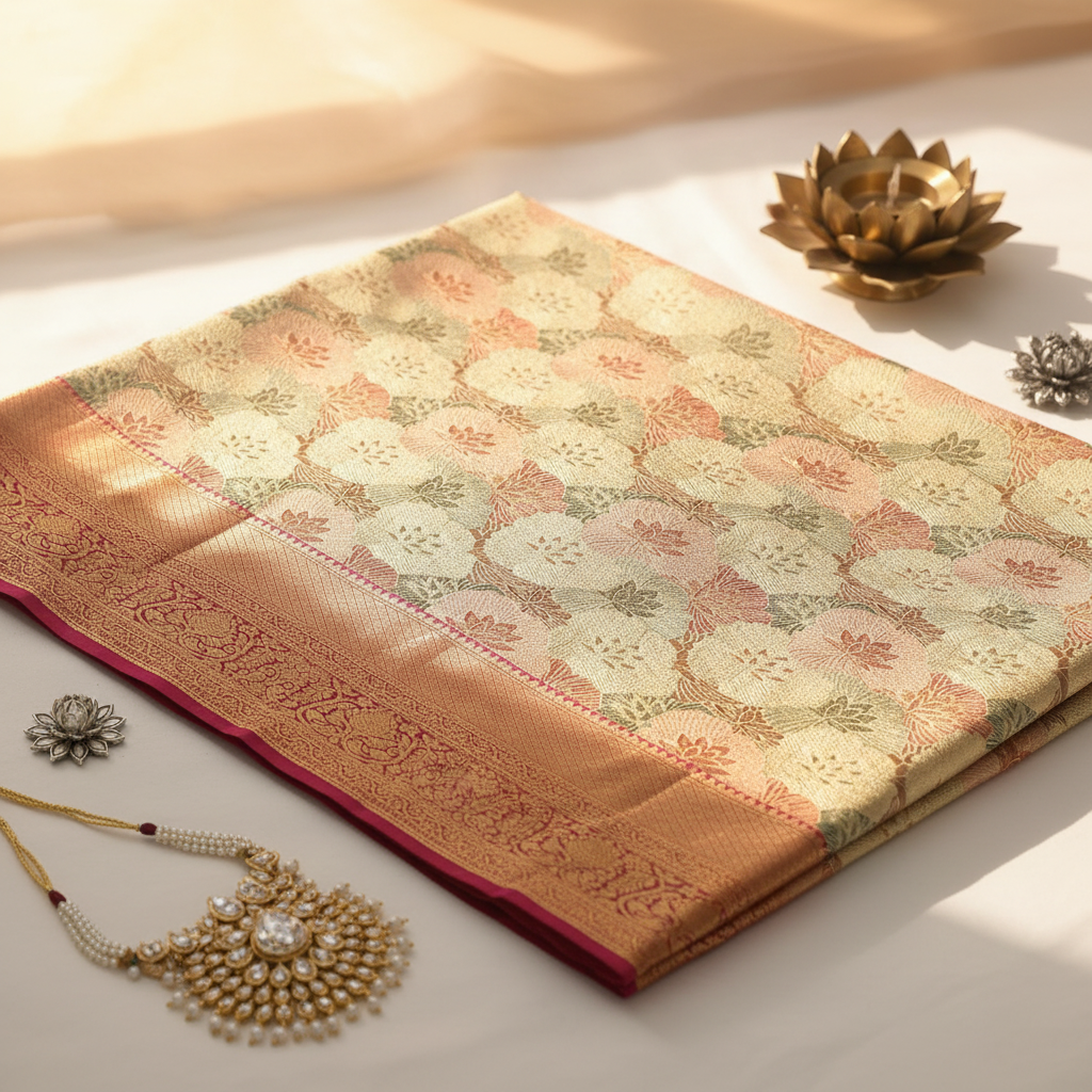 KUBERAN beige Kanchipuram Silk Saree