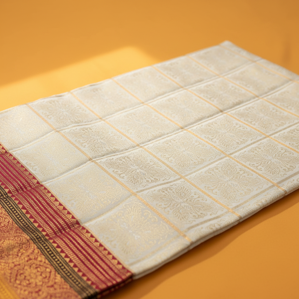 KUBERAN Cream with Red  Border Kanchipuram Silk Saree