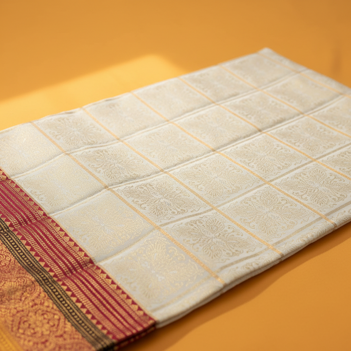 KUBERAN Cream with Red  Border Kanchipuram Silk Saree
