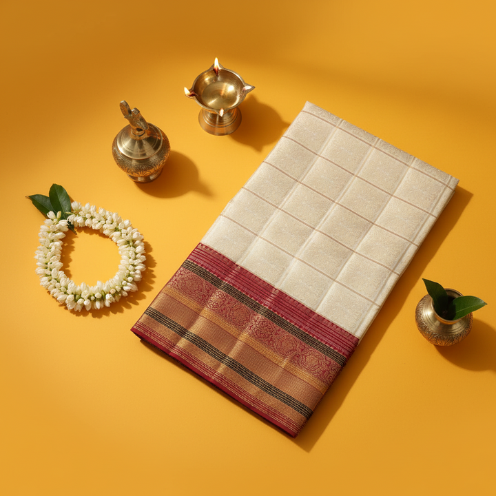 KUBERAN Cream with Red  Border Kanchipuram Silk Saree