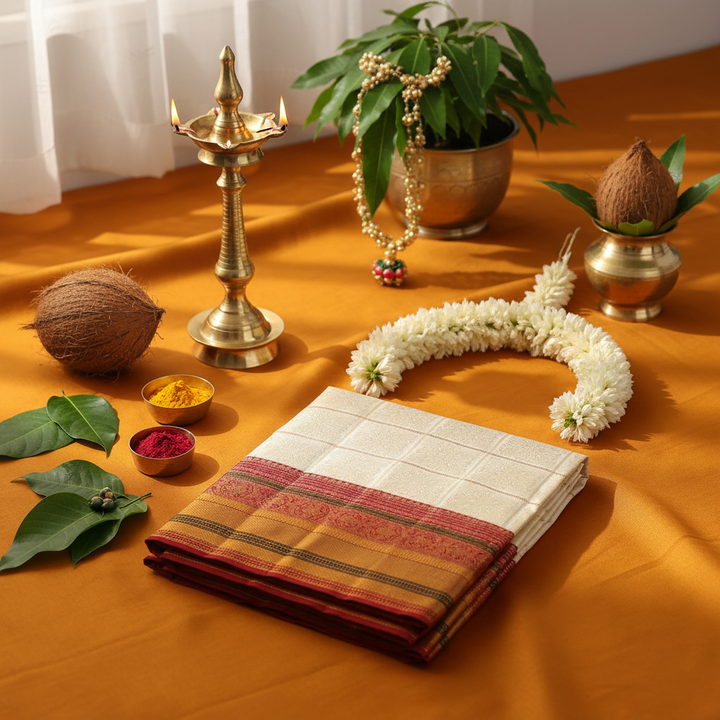 KUBERAN Cream with Red  Border Kanchipuram Silk Saree