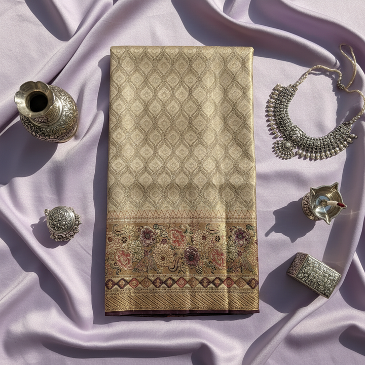 kuberan Beige Diamond Lattice with Elaborate Floral Border Kanchipuram Silk Saree