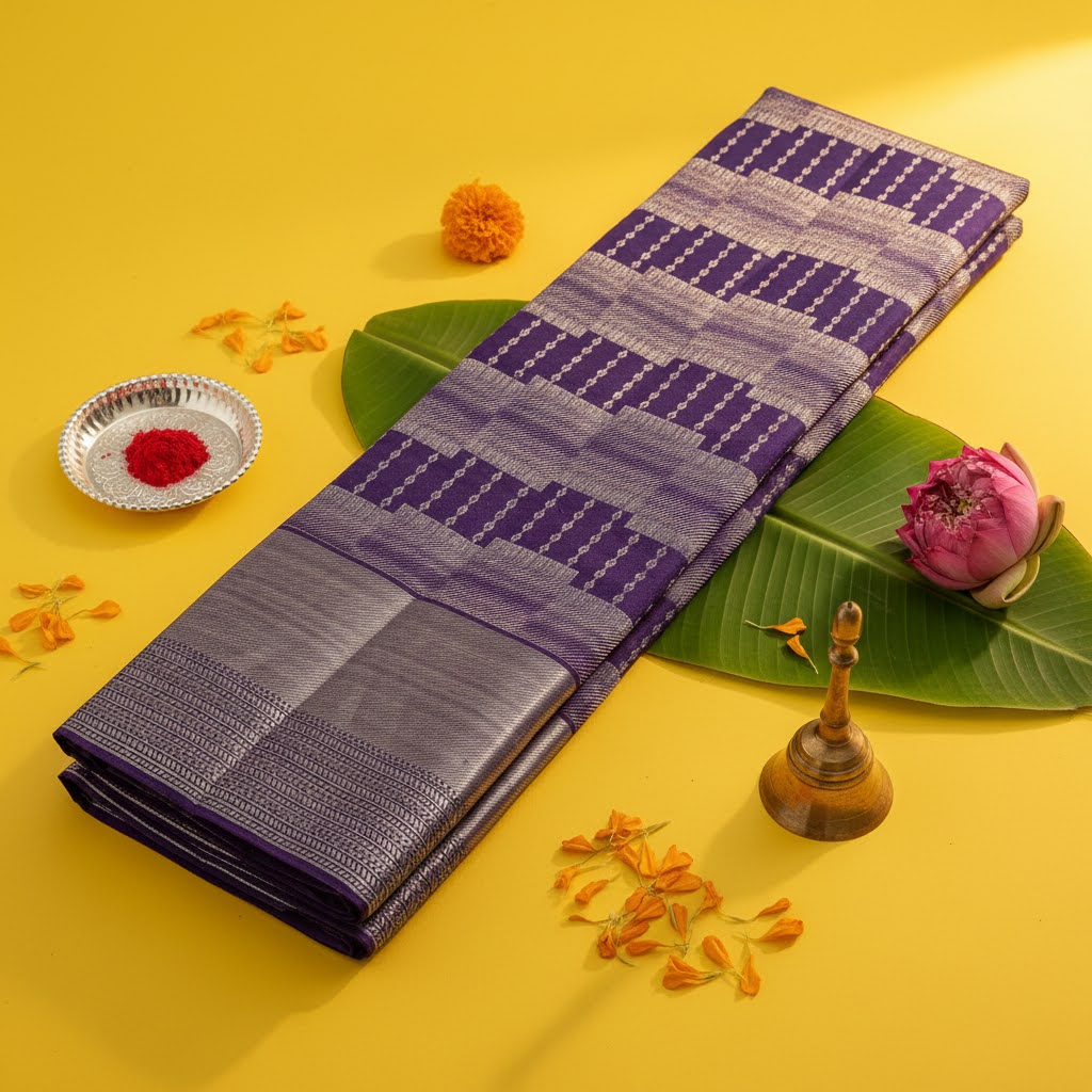 Kuberan Violet Kanchipuram Silk Saree with Silver Zari Temple Step & Stripe Weave