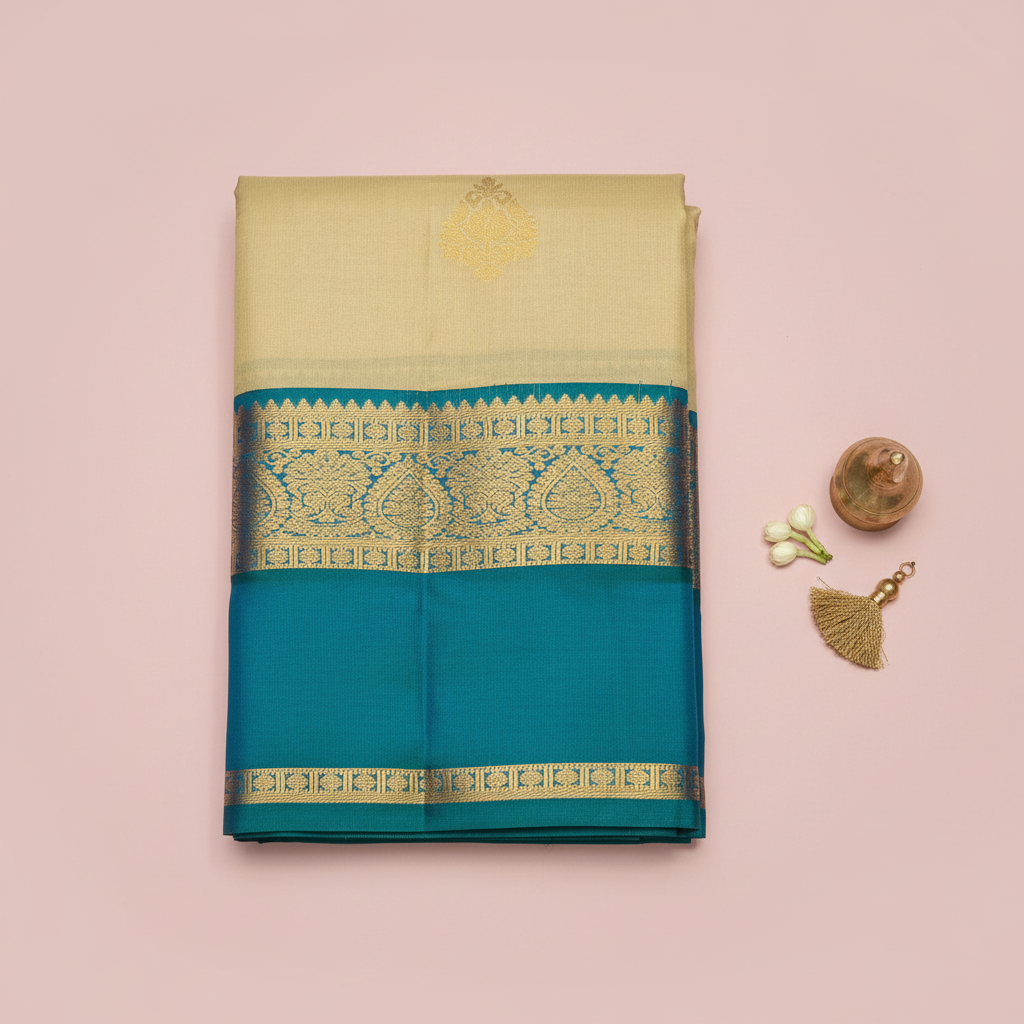 KUBERAN CREAM BLUE PURE SILK SAREE