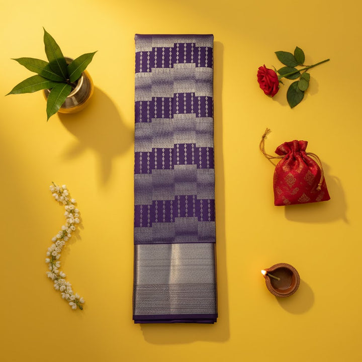 Kuberan Violet Kanchipuram Silk Saree with Silver Zari Temple Step & Stripe Weave