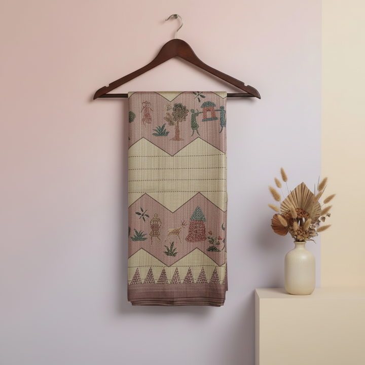 KUBERAN BEIGE PINK PRINTED RAW SILK SAREE
