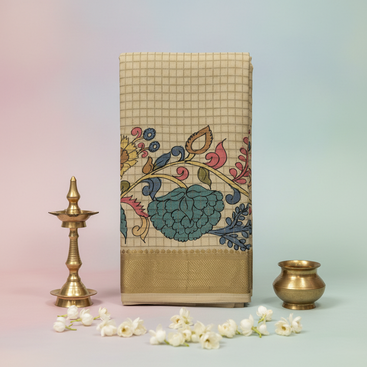 KUBERAN BEIGE KALAMKARI PURE SILK DHOTI