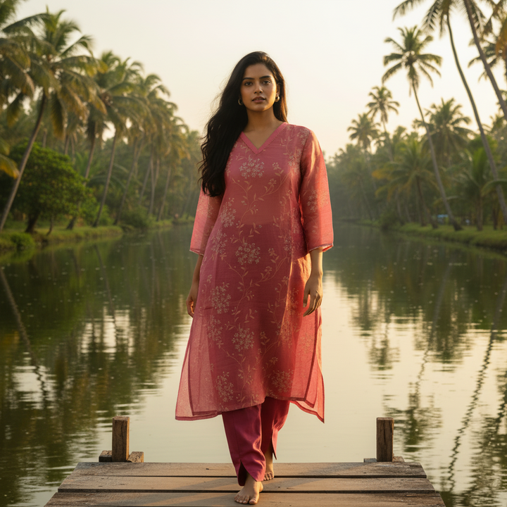 Kuberan Pink Floral Organza Kurta & Salwar Co-ord Set