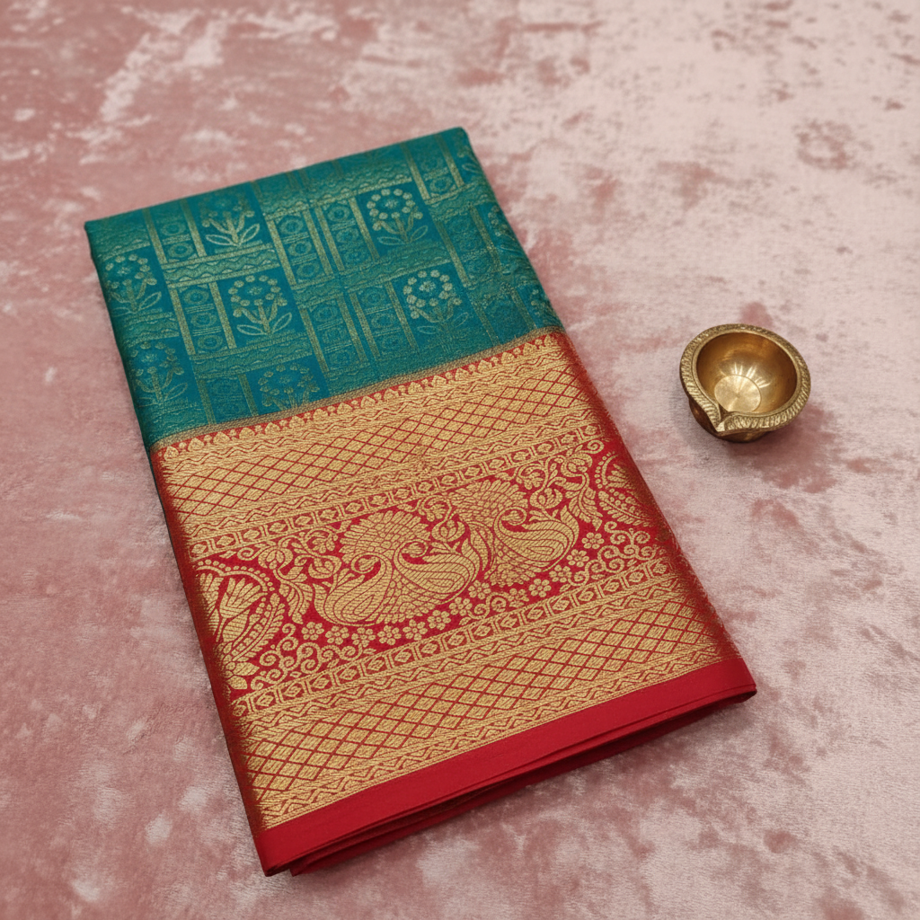 Kuberan Teal & Red Art Silk Pavada