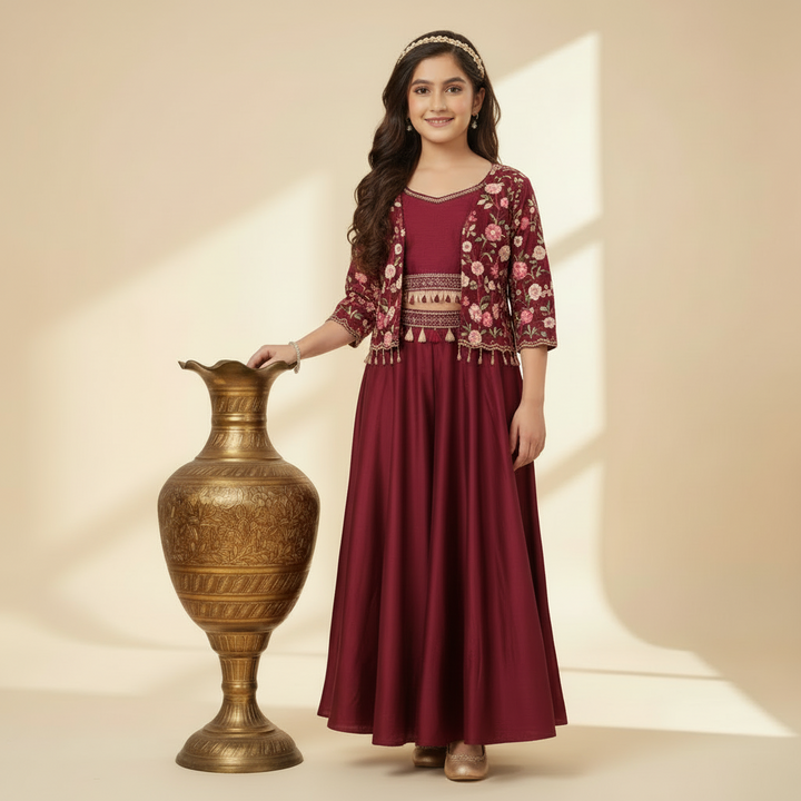 Kids Palazzo Set - Wine with Floral Embroidered Jacket