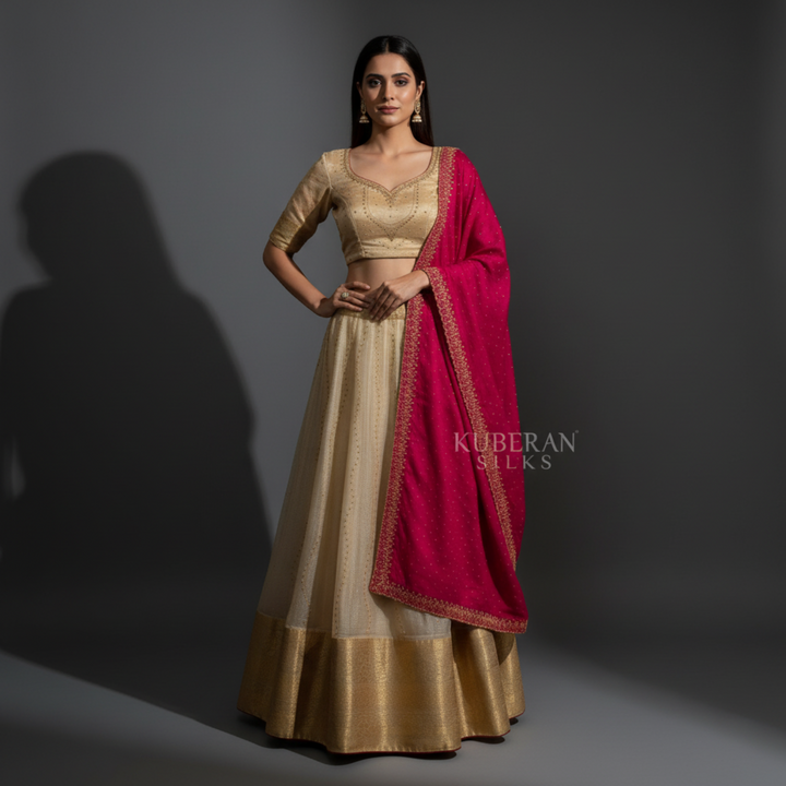 KUBERAN GOLD UNSTITCHED LEHENGA