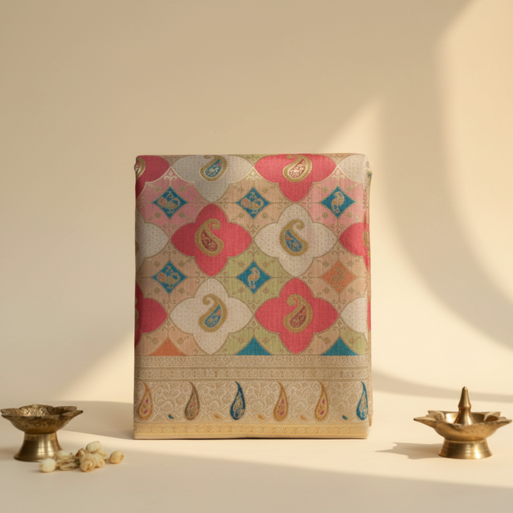 KUBERAN CREAM AND PINK MASHRU SAREE