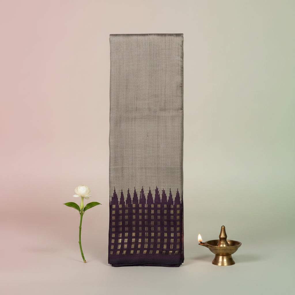 KUBERAN BEIGE BROWN TUSSAR SILK SAREE