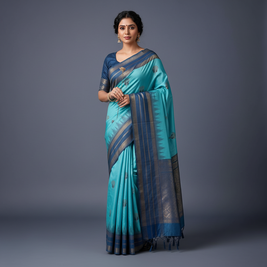 Kuberan Silks – Sky Blue & Navy Silk Saree on Model