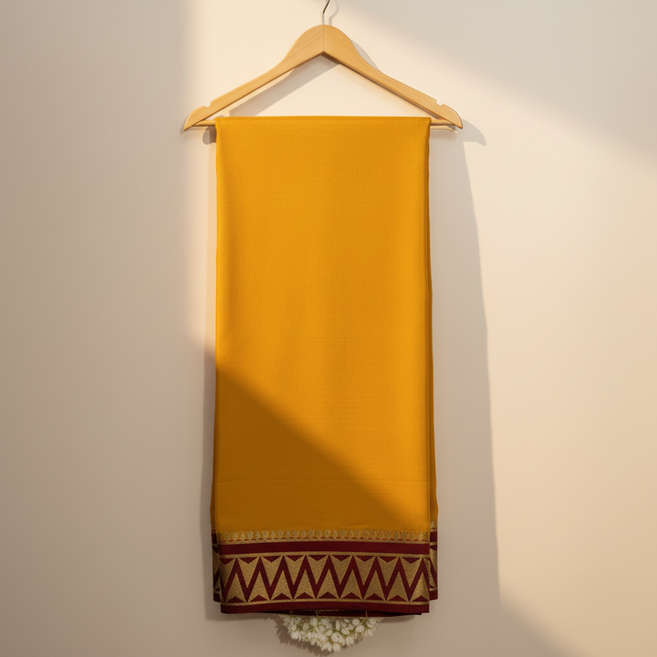 KUBERAN MUSTARD WITH MAROON MYSORE CREPE SILK SAREE