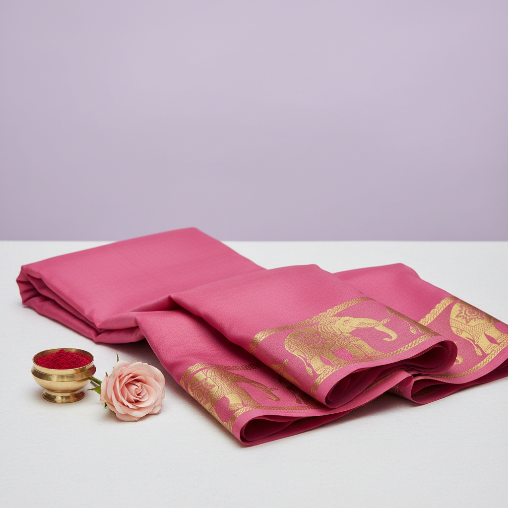 KUBERAN PINK AIRAVAT BORDER PURE CREPE SAREE