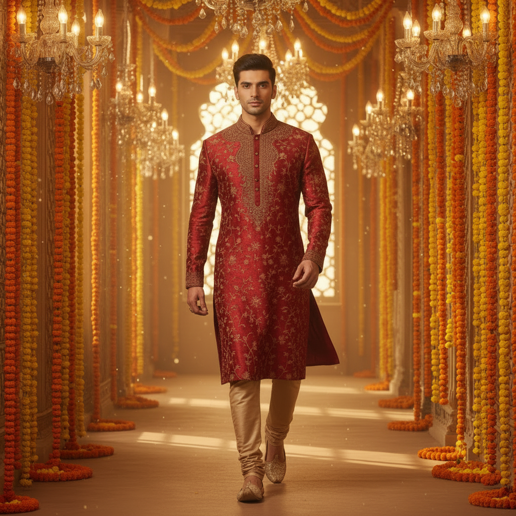 Kuberan Red Silk Kurta Pyjama Set with Gold Zari Embroidery