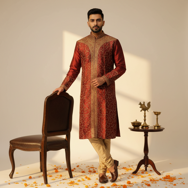 Kuberan Maroon Embroidered Kurta Pyjama Set