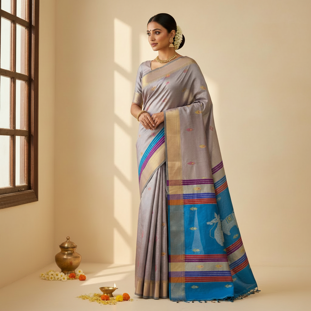 KUBERAN GREY WITH BLUE BISHNUPURI SOFT SILK SAREE