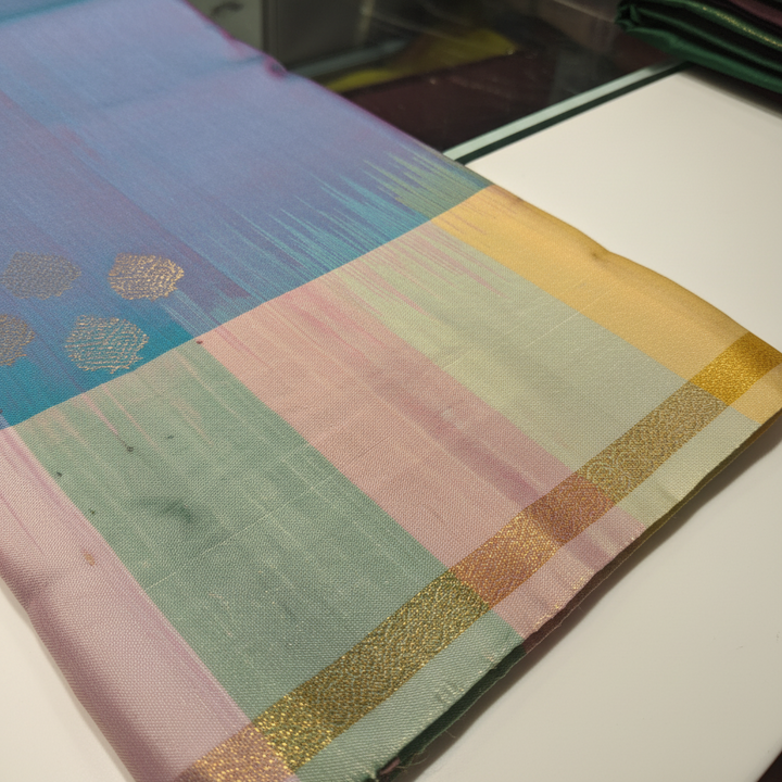 KUBERAN TURQUOISE BLUE CHECKS BORDER PURE SOFT SILK SAREE