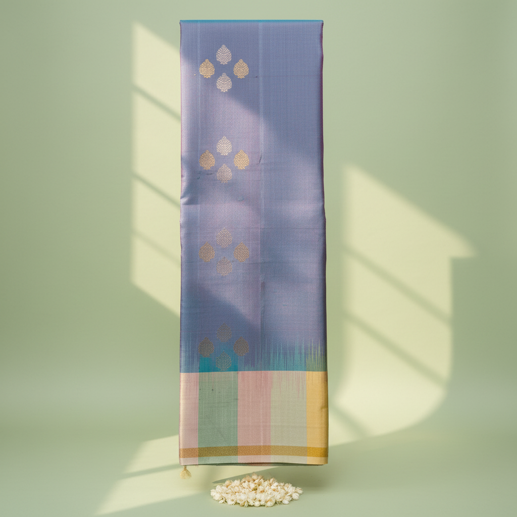 KUBERAN TURQUOISE BLUE CHECKS BORDER PURE SOFT SILK SAREE