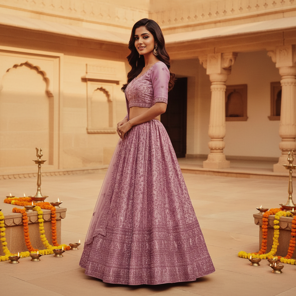 Kuberan Lavender Semi Bridal Lehenga Semi Stitched