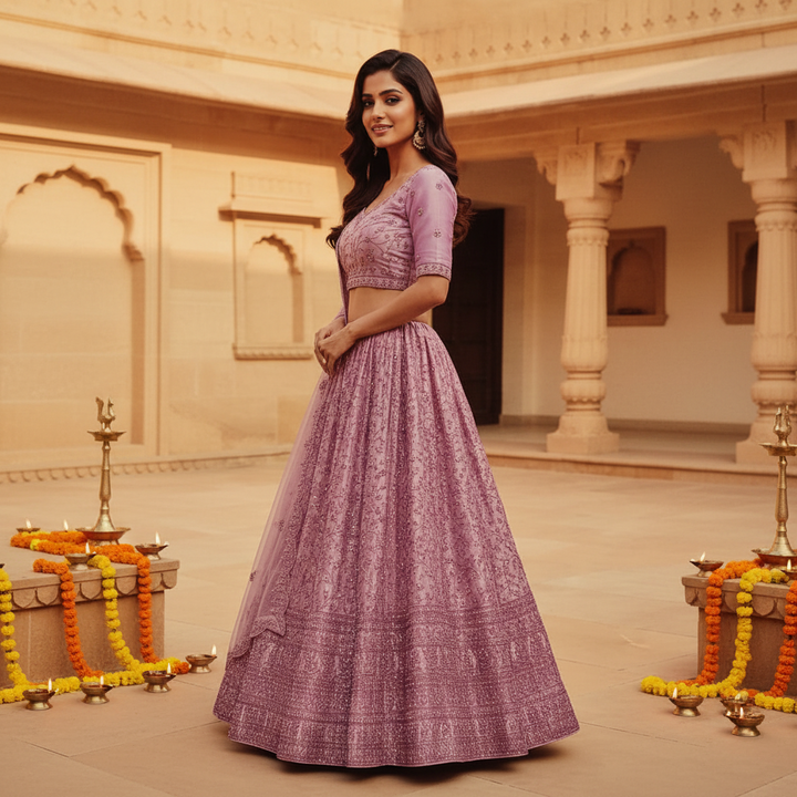 Kuberan Lavender Semi Bridal Lehenga Semi Stitched