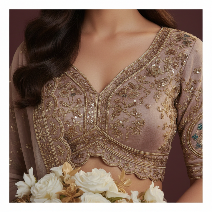 Kuberan Bridal Lehenga – Dusty Rose with Gold Zari Embroidery  Semi Stitched