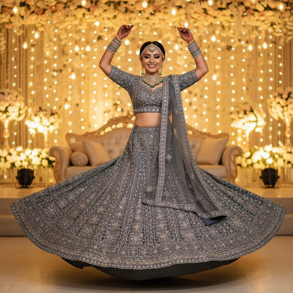 Kuberan Steel Grey Bridal Lehenga Semi Stitched