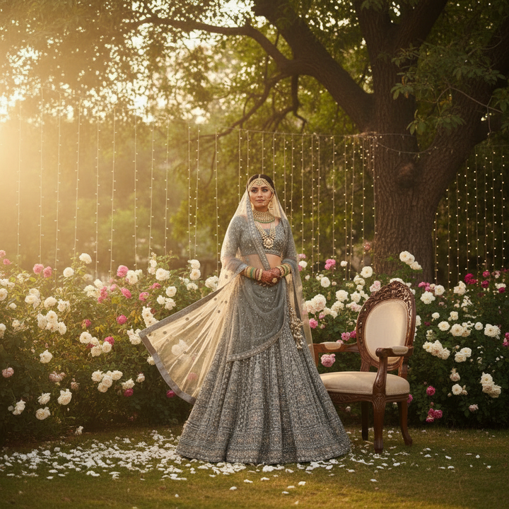 Kuberan Steel Grey Bridal Lehenga Semi Stitched