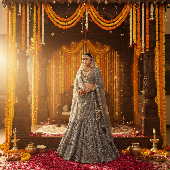 Kuberan Steel Grey Bridal Lehenga Semi Stitched
