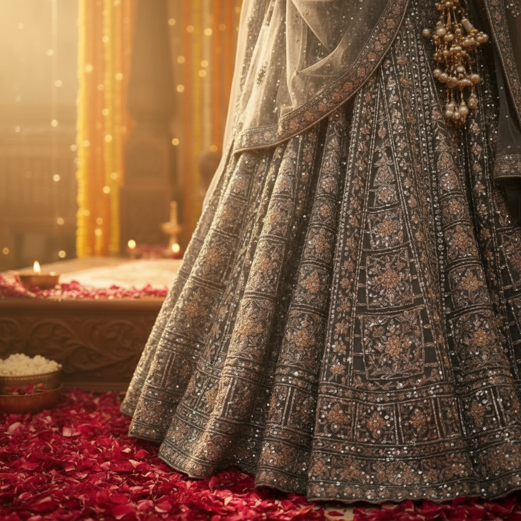 Kuberan Steel Grey Bridal Lehenga Semi Stitched