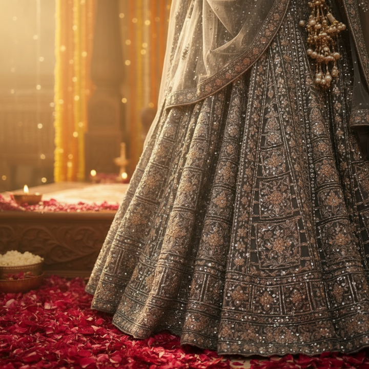 Kuberan Steel Grey Bridal Lehenga Semi Stitched